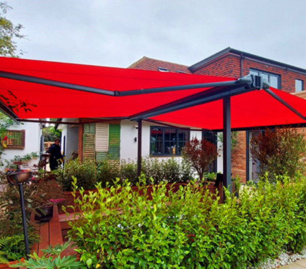 A red butterfly awning