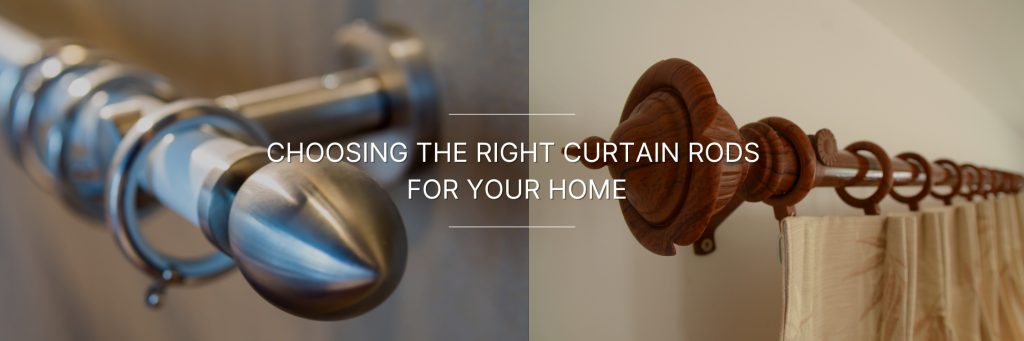 Two curtain rods are shown side-by-side. The left rod has a modern, metallic finish with a pointed finial. The right rod has a more traditional, wooden finish with a decorative finial.