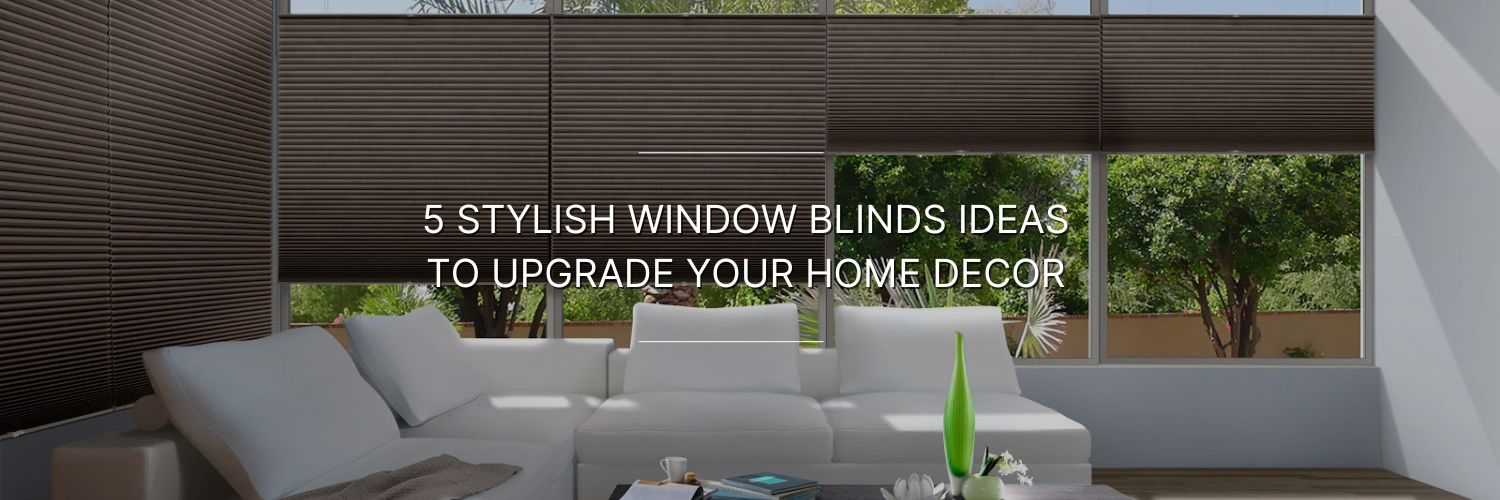 Modern living room with brown pleated window blinds, a white sectional sofa, and large windows overlooking a green outdoor space.