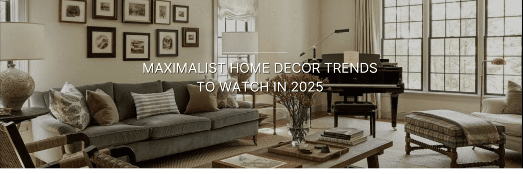 Cozy living room with a gray sofa, window blind, a piano, and framed artwork, showcasing maximalist home decor trends for 2025.