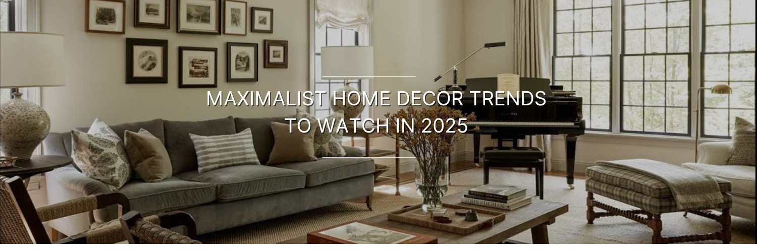 Cozy living room with a gray sofa, window blind, a piano, and framed artwork, showcasing maximalist home decor trends for 2025.