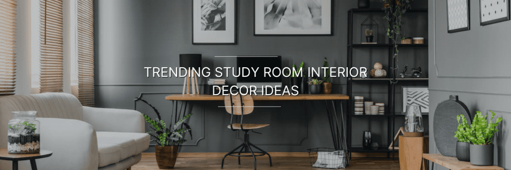 Modern study room featuring a wooden desk, stylish chair, and wooden blinds, illuminated by natural light.