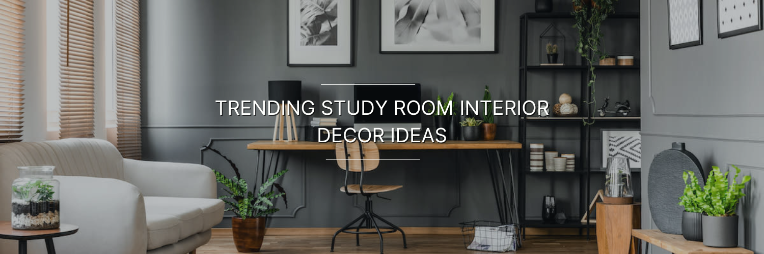 Modern study room featuring a wooden desk, stylish chair, and wooden blinds, illuminated by natural light.