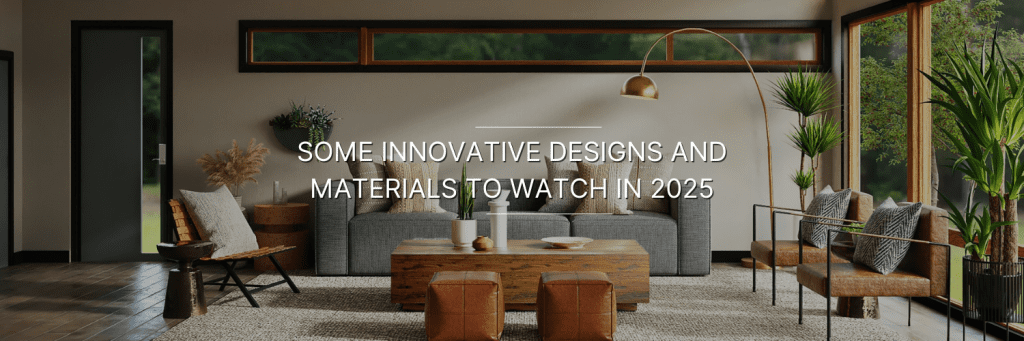 Modern living room featuring innovative designs, natural materials, and greenery, with a cozy aesthetic for 2025 trends.