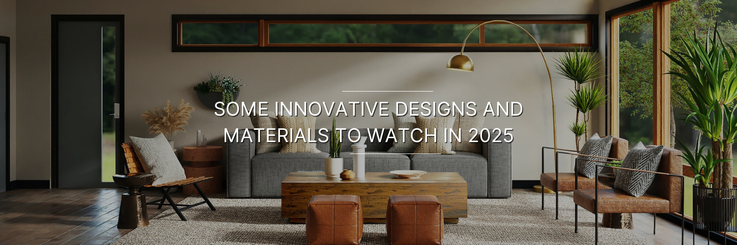 Modern living room featuring innovative designs, natural materials, and greenery, with a cozy aesthetic for 2025 trends.