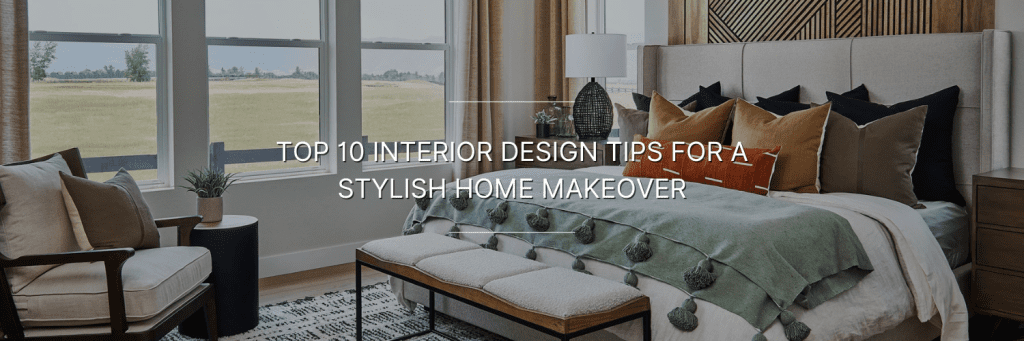 Stylish bedroom interior with a cozy seating area, elegant bedding, and large windows showcasing a scenic view. Text overlay: "Top 10 Interior Design Tips".