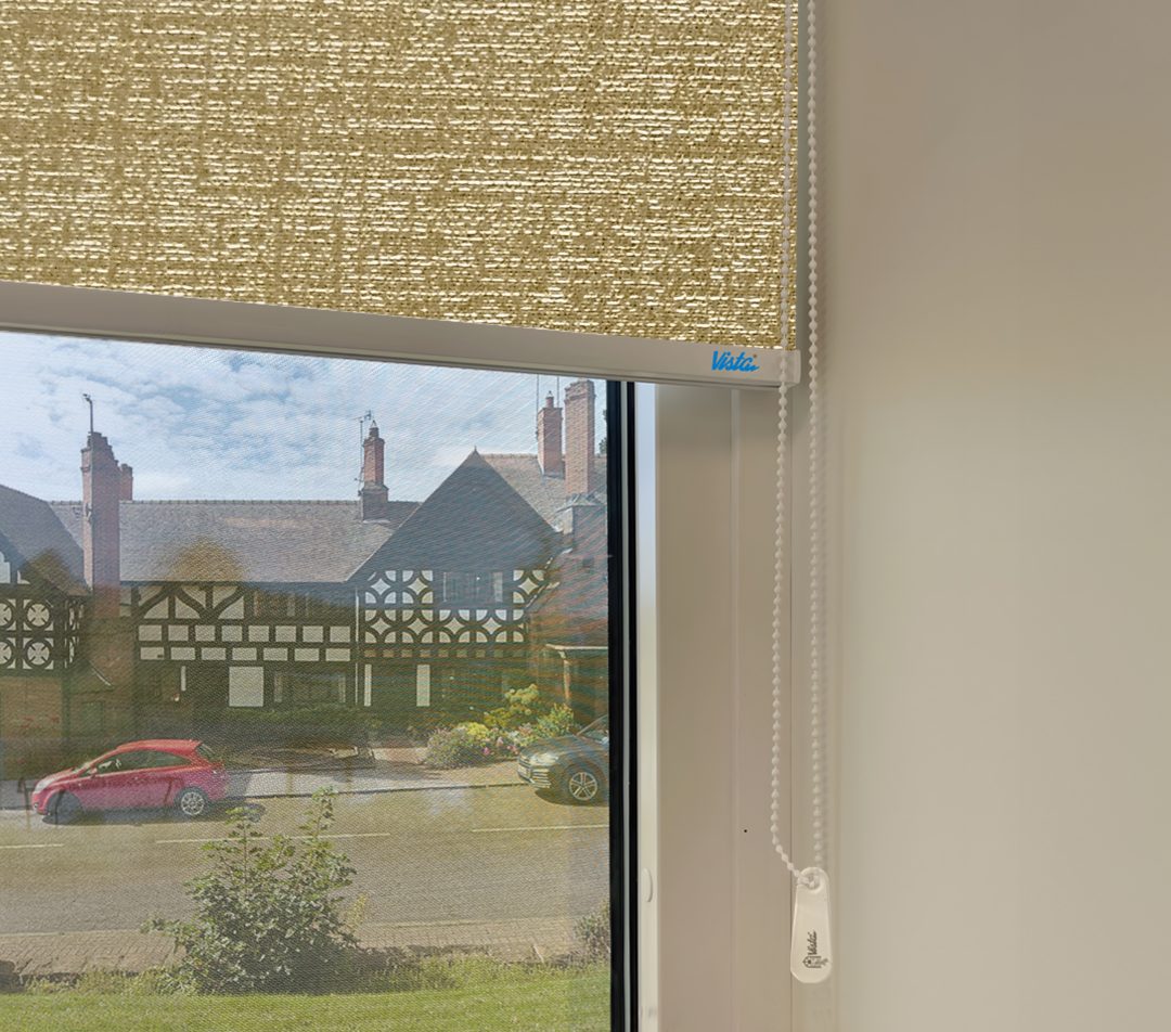 closeup view of a window with a dark beige textured roller blind, showing a historic building and parked cars outside.