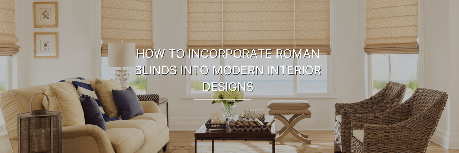 Bright living room with beige Roman blinds, a cozy sofa, and modern decor, illustrating how to blend window treatments with contemporary design.
