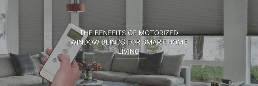 A person holds a remote to control motorized window blinds in a modern living room with stylish furniture and natural light.