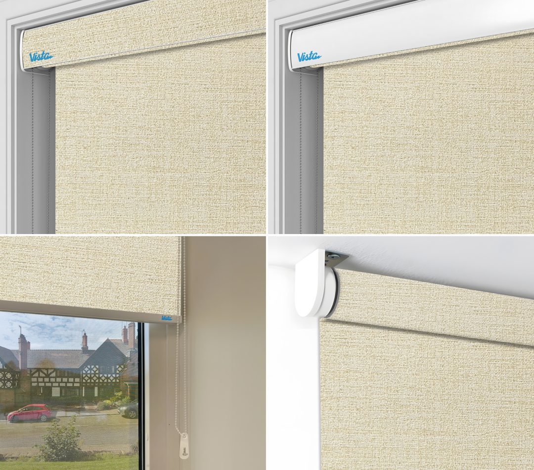 Four images showcasing a light beige roller blind with a white top fixture, featuring a chain pull and the "Vista" logo, inside a window frame.