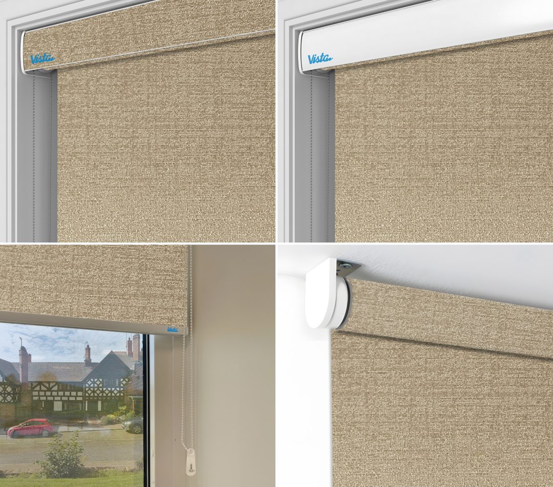 Four images showcasing a beige textured roller blind with a white top fixture, featuring a chain pull and the "Vista" logo, inside a window frame.