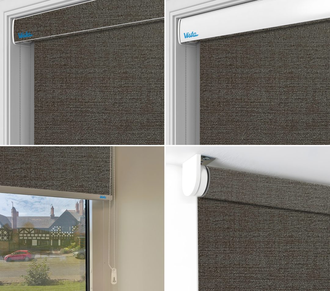Four images showcasing a brown blackout venice roller blind with a white top fixture, featuring a chain pull and the "Vista" logo, inside a window frame.