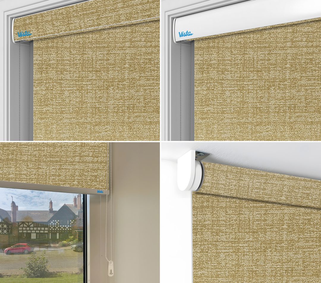 Four images showcasing a dark beige textured roller blind with a white top fixture, featuring a chain pull and the "Vista" logo, inside a window frame.
