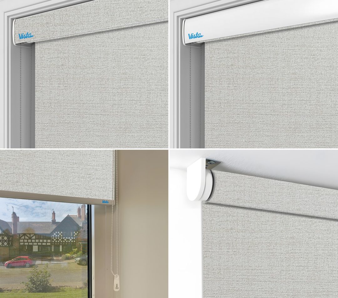 Four images showcasing a grey blackout venice roller blind with a white top fixture, featuring a chain pull and the "Vista" logo, inside a window frame.