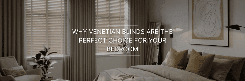 A stylish bedroom featuring a cozy bed, Venetian blinds, and decorative plants, showcasing modern and comfortable design elements.