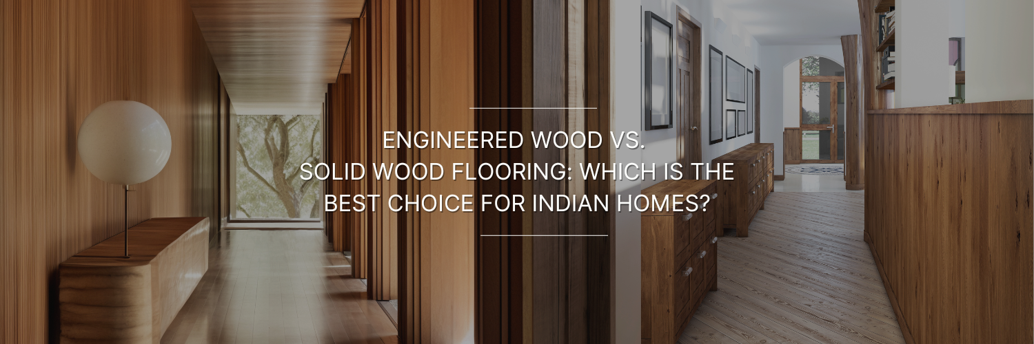 Modern hallway with wooden walls and flooring, featuring a sculptural lamp, questioning the best flooring choice for Indian homes.