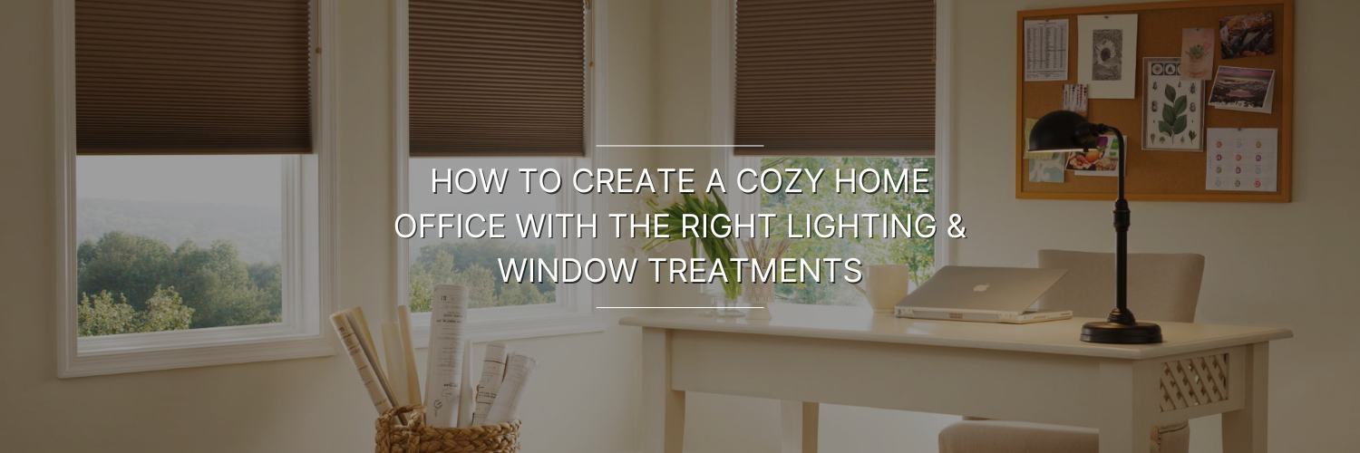 A bright home office featuring brown window treatments, a white desk with a laptop, and a corkboard filled with notes and images.