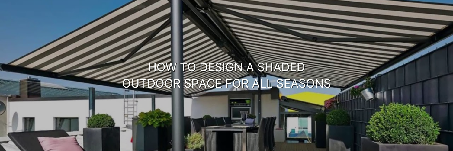 A modern outdoor space with a striped awning, green plants, and a stylish seating area, ideal for all seasons.