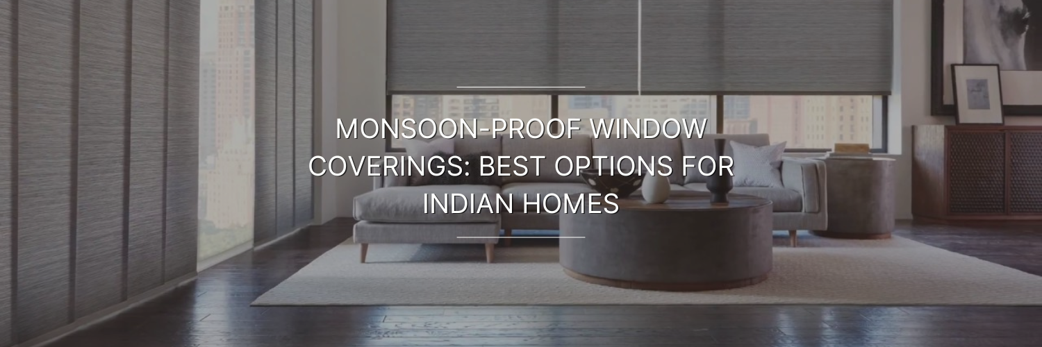 Modern living room with monsoon-proof window coverings, featuring cozy furniture and large windows with city views.
