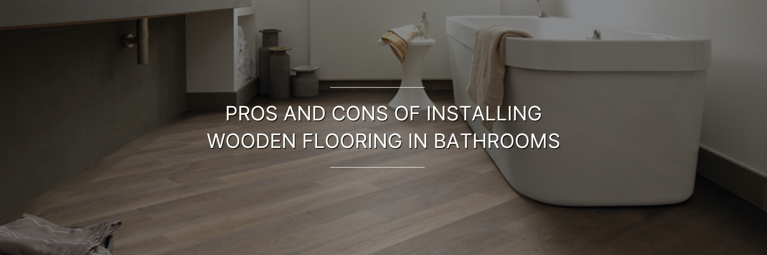 Stylish bathroom featuring wooden flooring, with a freestanding tub and modern decor, highlighting the pros and cons of wood in bathrooms.