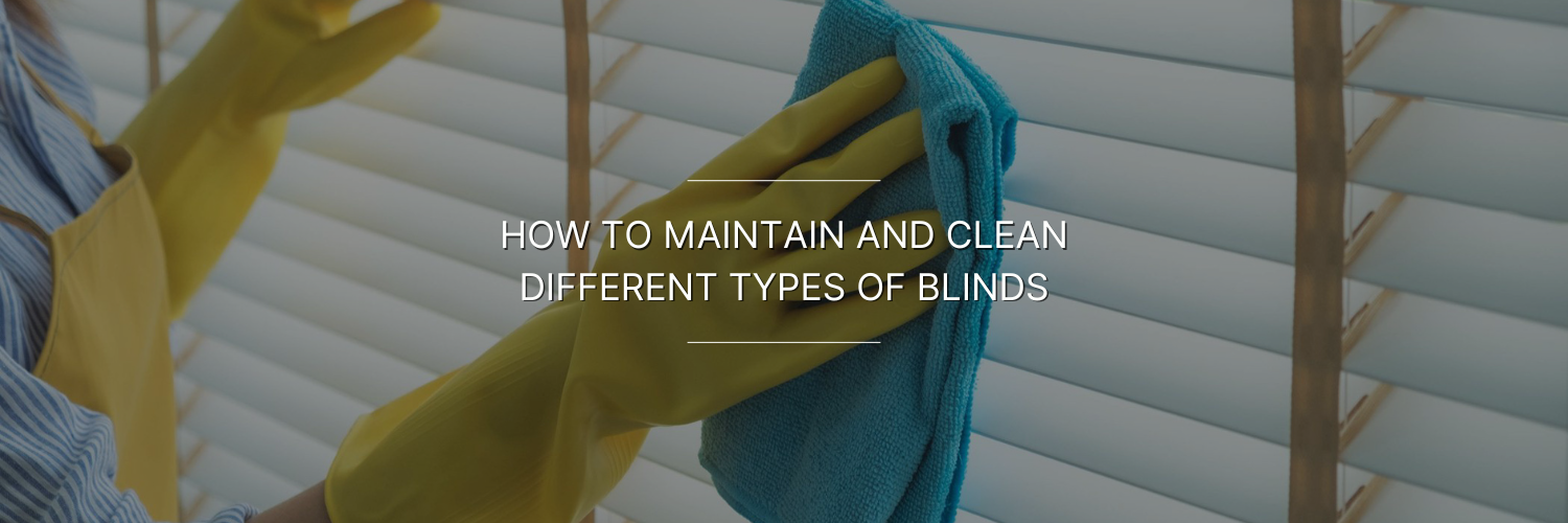 A person wearing yellow gloves cleans window blinds with a blue cloth