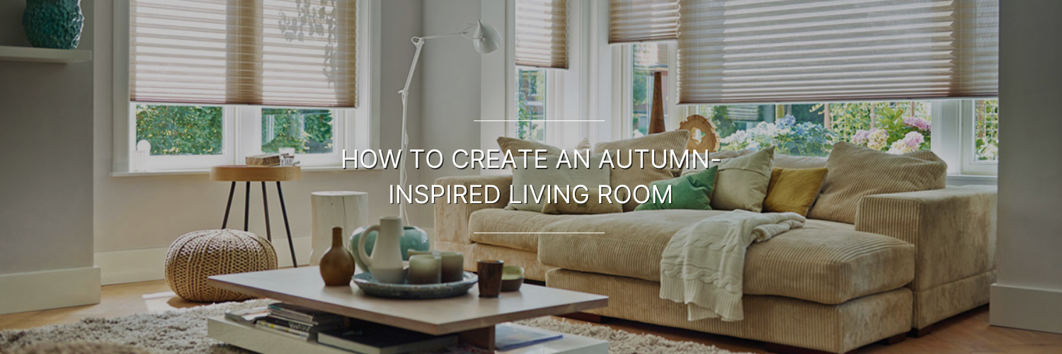 A cozy autumn inspired living room featuring light-filtering shades, a sectional sofa, decorative items, and a bright window view.