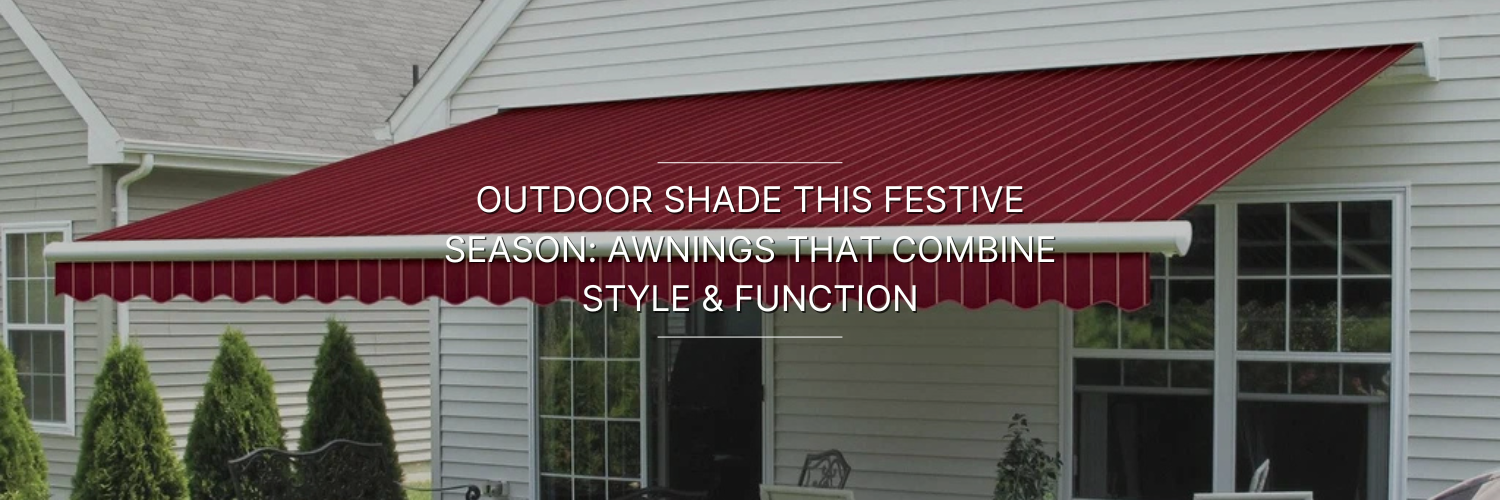A red striped awning extends over a patio, providing shade to a home with shrubbery in the foreground and windows in the background.