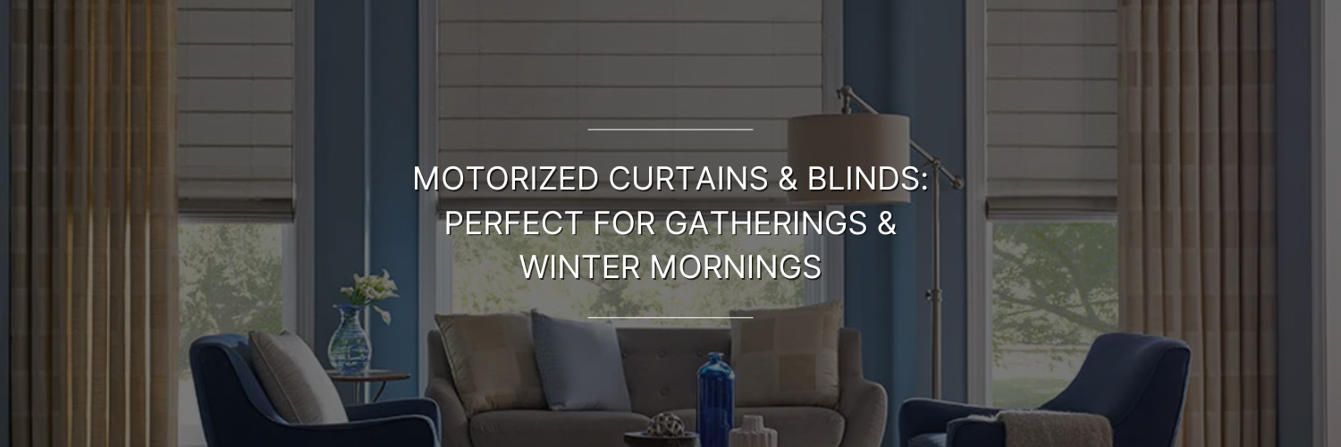 Cozy living room featuring motorized curtains and blinds, ideal for gatherings and enjoying winter mornings.