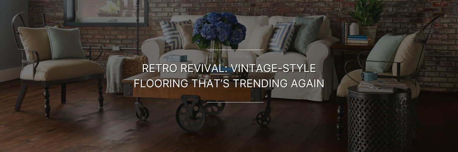 Cozy living room featuring vintage-style flooring, a white sofa, stylish chairs, a wooden coffee table, and fresh blue flowers.