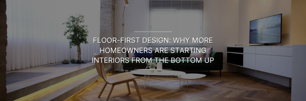 Modern living room featuring a green sofa, wooden coffee table, and large windows with white drapes, promoting floor-first design.