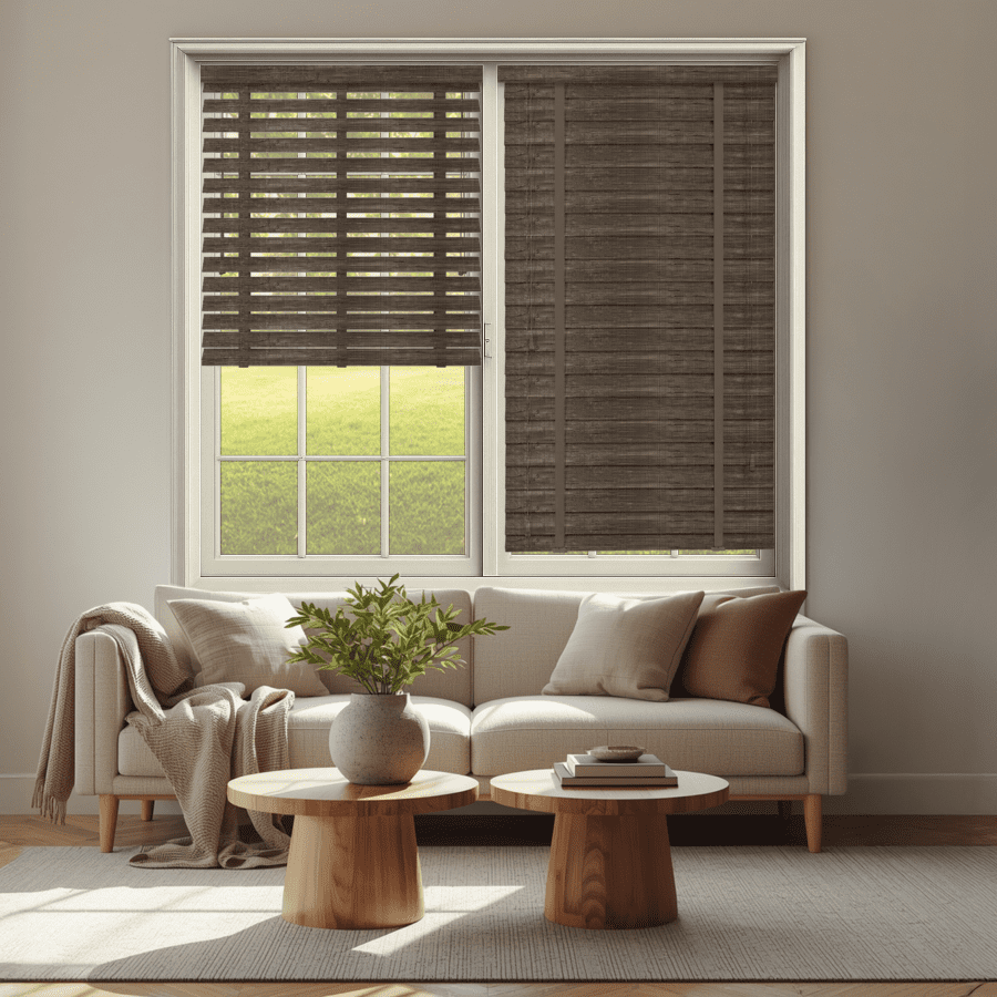 A cozy living room with a beige sofa, accent pillows, and a throw blanket. Wooden coffee tables hold a potted plant. Large window with dark blinds overlooks a sunny lawn.
