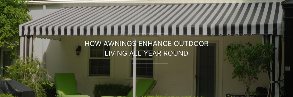 A striped awning provides shade over a patio with green chairs, enhancing outdoor living comfort year-round.