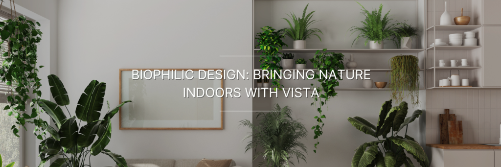 Modern interior featuring biophilic design elements, with lush greenery and natural light enhancing a calm, inviting space.