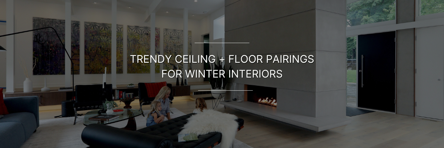 A modern living room featuring trendy ceiling and floor designs, highlighted by a cozy fireplace and stylish decor elements.