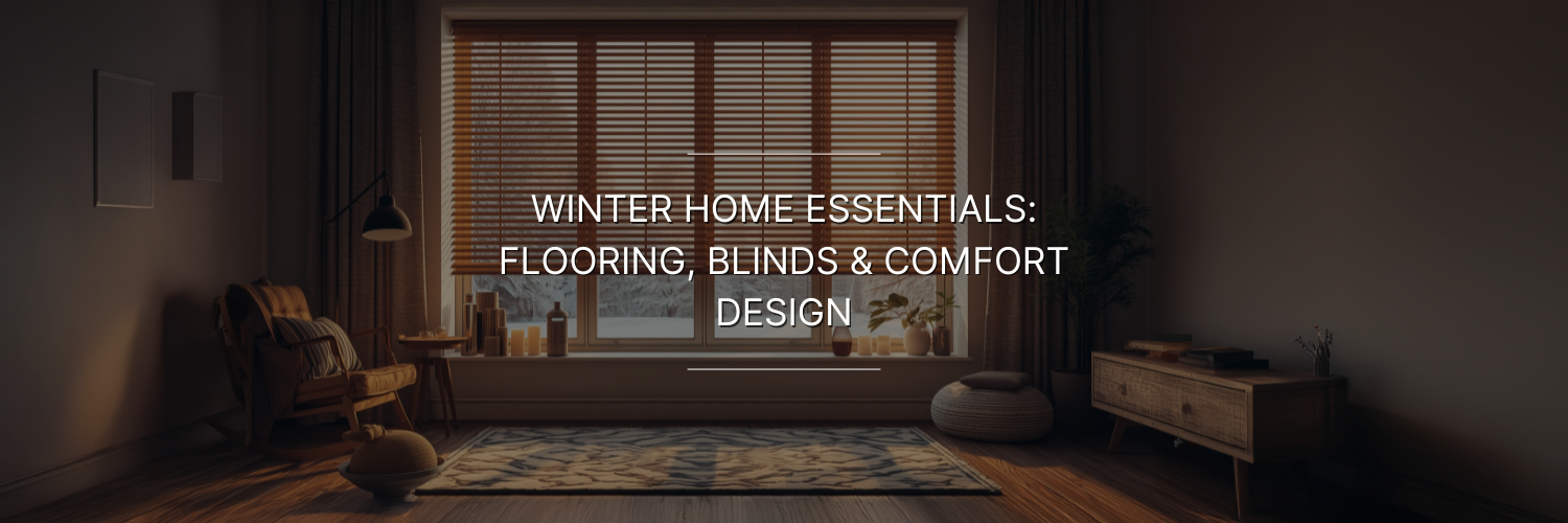 Cozy living room with wooden blinds, comfortable chair, and warm lighting, showcasing winter home essentials for comfort and design.