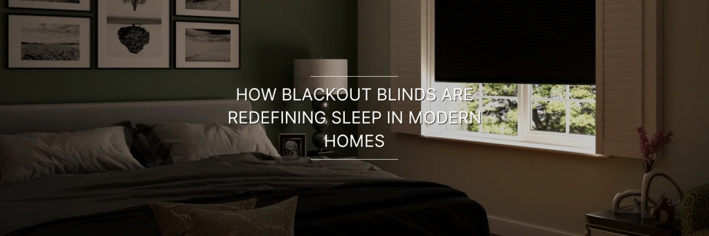 A modern bedroom featuring a bed with dark bedding, a window with blackout blinds, and decorative wall art, promoting better sleep.