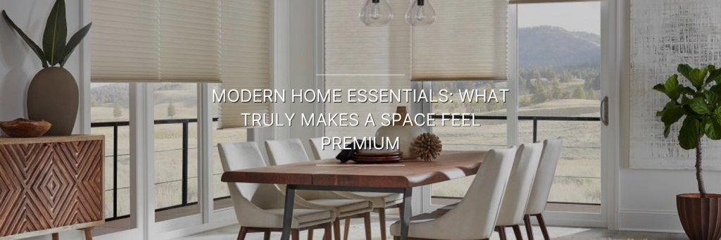 Modern dining room featuring a wooden table, patterned decor, and large windows with views of a scenic landscape.