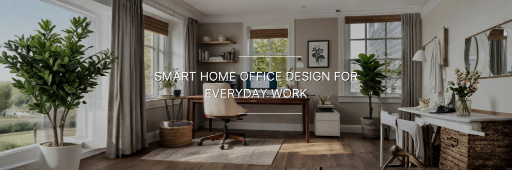 A bright home office featuring a wooden desk, ergonomic chair, plants, and large windows, creating a stylish and functional workspace.
