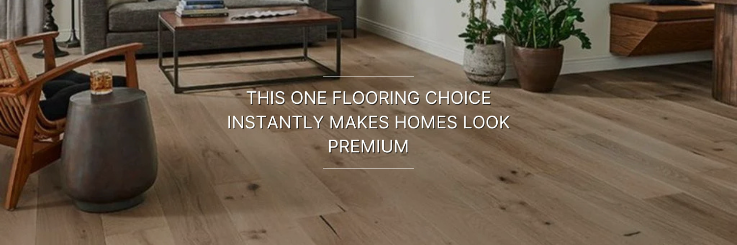 Stylish living room featuring wood flooring, a cozy chair, and plants, creating a premium, inviting atmosphere.