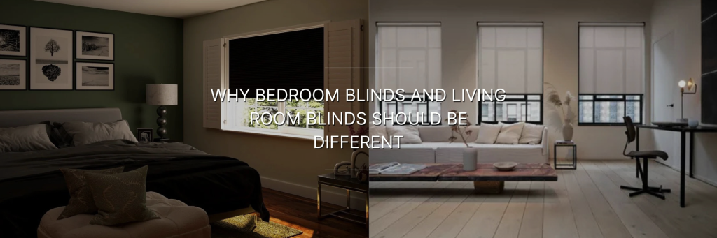 A split image showcasing a cozy bedroom with dark decor and a bright living room, emphasizing different blind styles for each space.