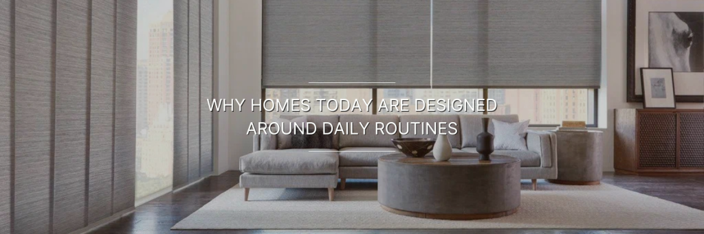 Modern living room with minimalist design featuring large windows, soft furniture, and a stylish coffee table. Text highlights home design.