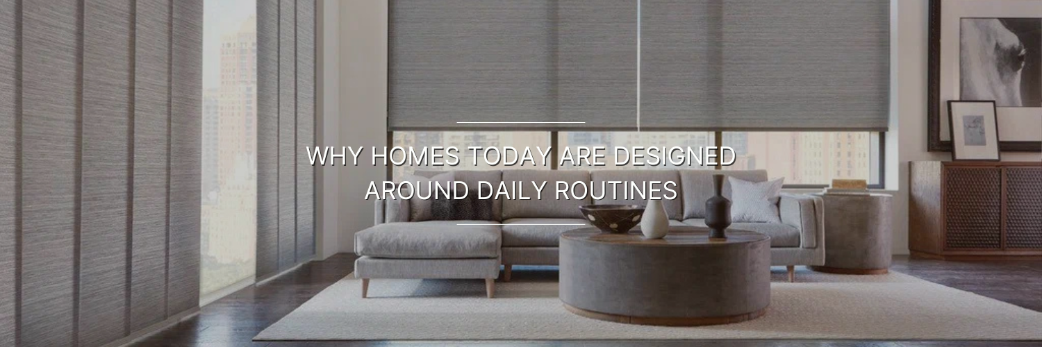 Modern living room with minimalist design featuring large windows, soft furniture, and a stylish coffee table. Text highlights home design.