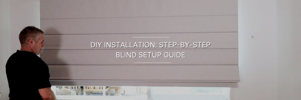 A person installs a fabric blind in a bright room, with a step-by-step guide title overlayed on the image.