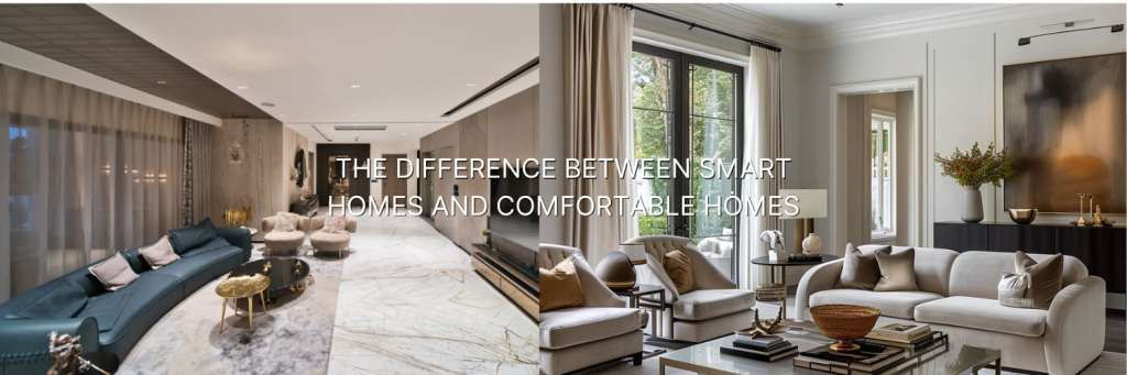 A modern living room showcasing stylish furniture, contrasting elements of smart design and cozy aesthetics, with a focus on comfort.