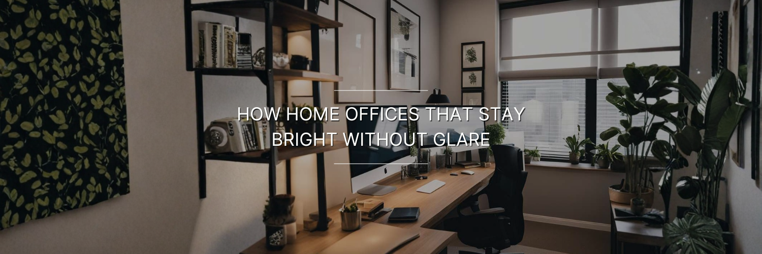 A stylish home office featuring a wooden desk, plants, shelves, and large windows for natural light without glare.