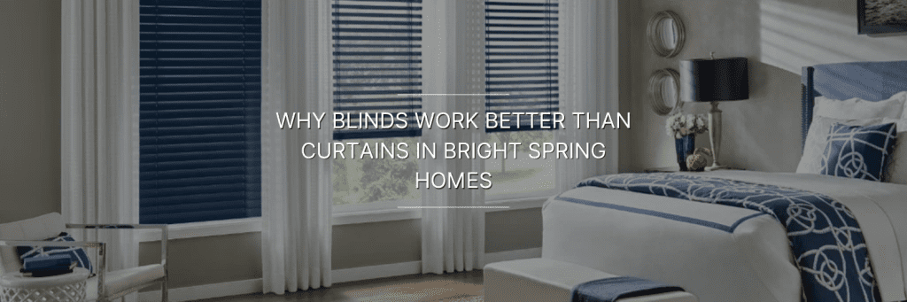 Modern bedroom with navy blue blinds, sheer white curtains, and blue-accented bedding promoting blinds over curtains in bright spring homes.