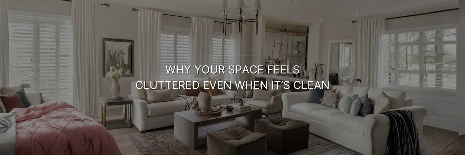 Elegant living room with neutral tones, white sofas, and soft lighting, conveying a cozy yet cluttered feel. Text overlay reads, "Why Your Space Feels Cluttered Even When It's Clean."