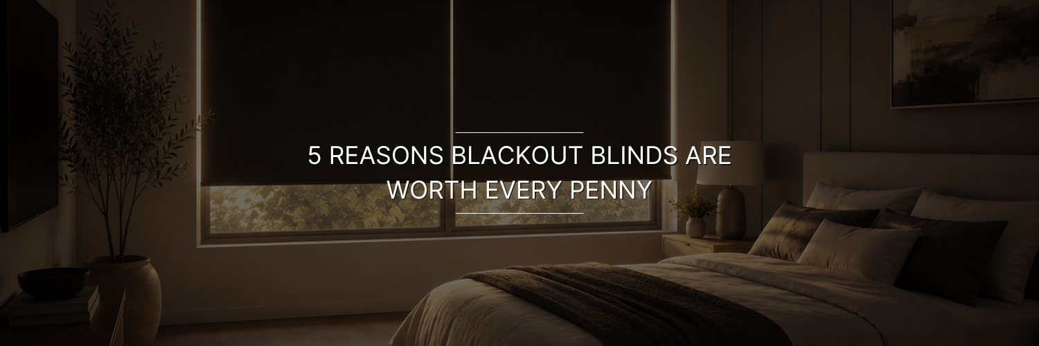 An elegant bedroom with soft bedding, stylish pillows, and dark blackout blinds covering the windows, creating a serene environment.