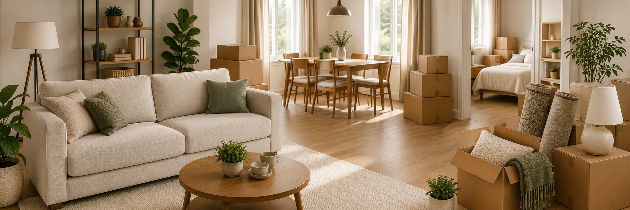 Bright new home interior with a sofa, dining table, bedroom, plants, and moving boxes.