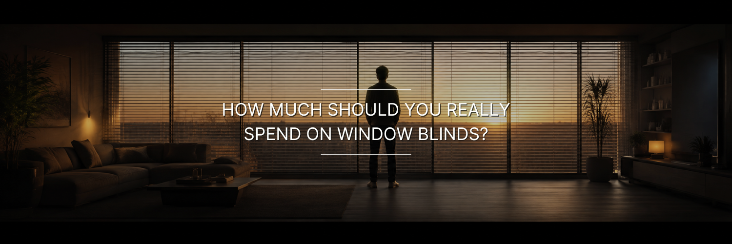 A person stands in a modern living room at sunset, looking out through large windows with blinds.
